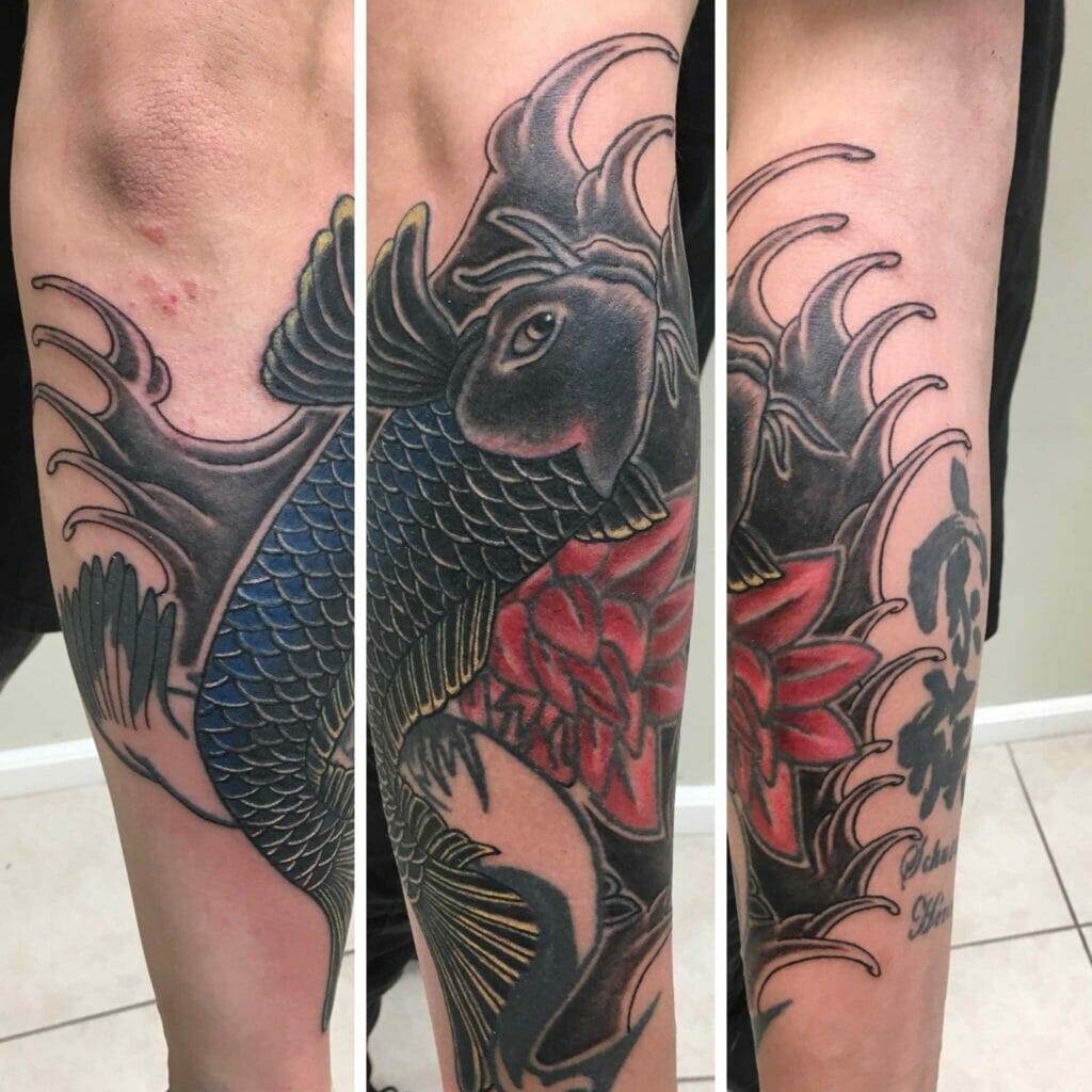 Japanese koi fish tattoo on forearm.