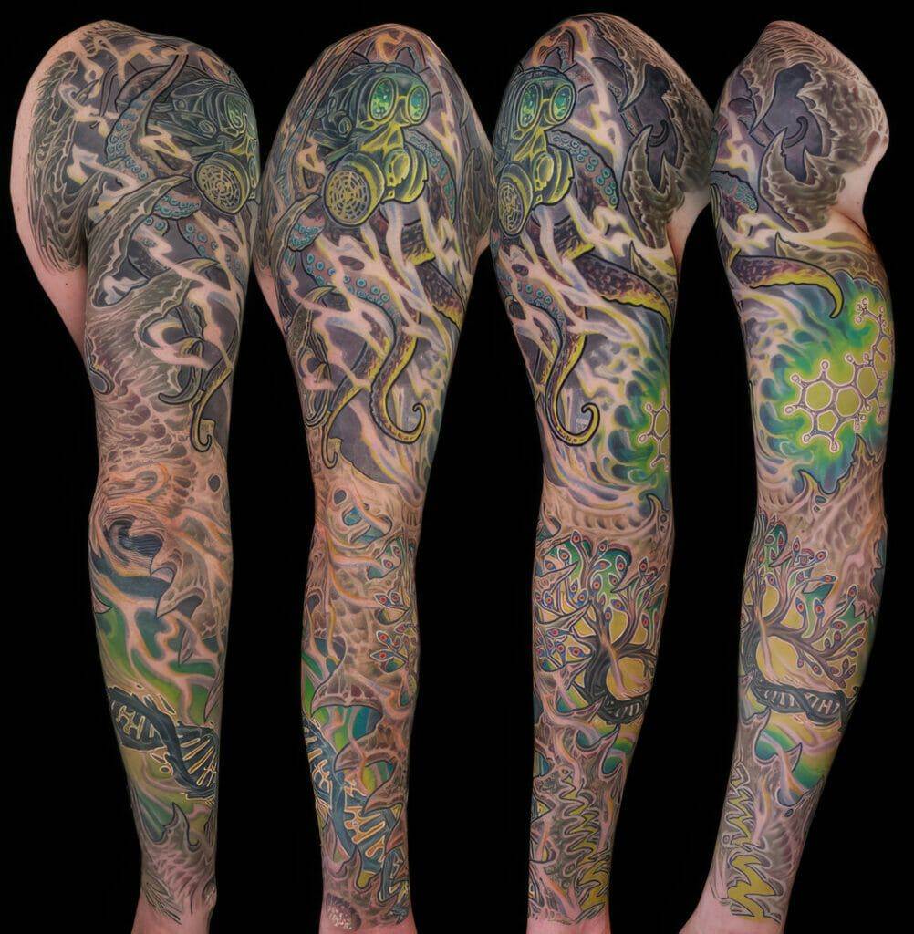 A full sleeve of tattoos with different designs.