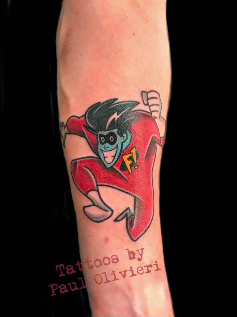 A tattoo of a superhero with a red cape.