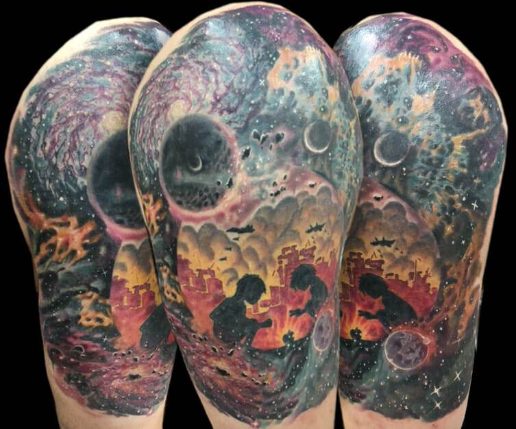 A tattoo of a man and a woman in space.