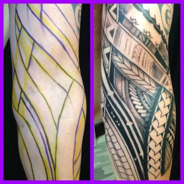 Tattoo pictures, yellow and purple design.