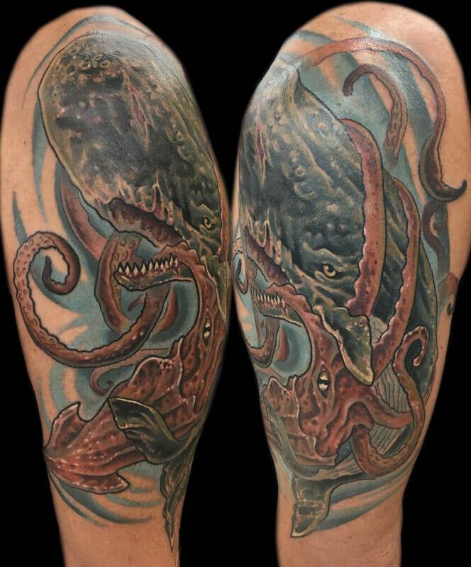 An octopus tattoo with tentacles and tentacles.