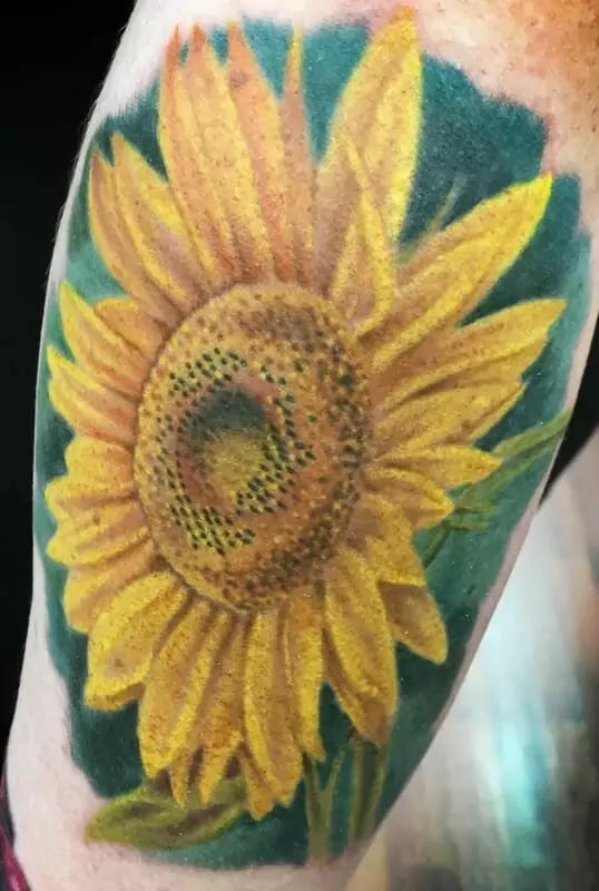 A sunflower tattoo on a person's forearm.