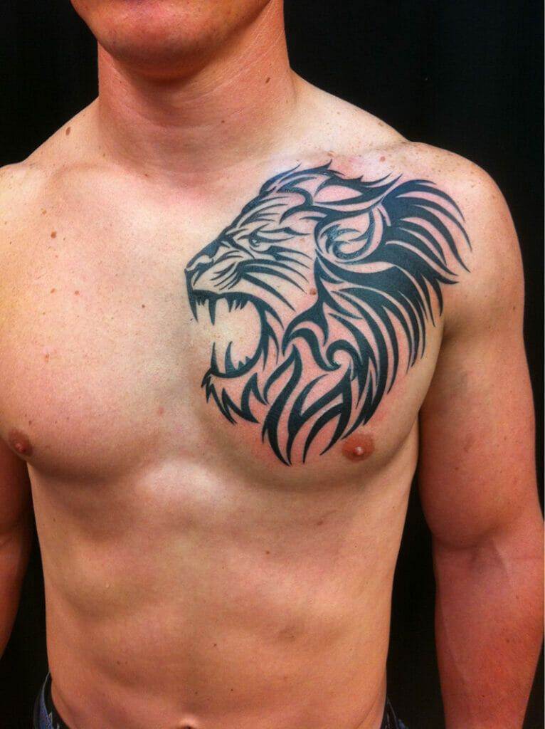 A man with a lion tattoo on his chest.