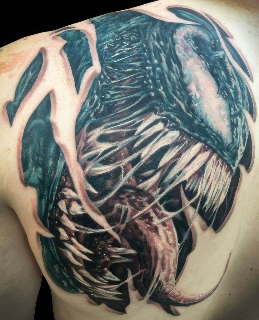 A venom tattoo on the back of a man.