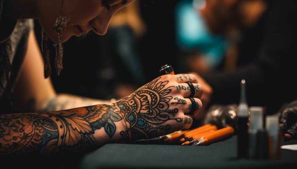 A woman is transforming her tattoo with a cover-up at a convention.