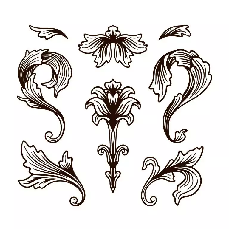 Illustration featuring six ornate, floral Art Nouveau tattoo elements in various shapes and sizes with intricate detailing, arranged on a white background.