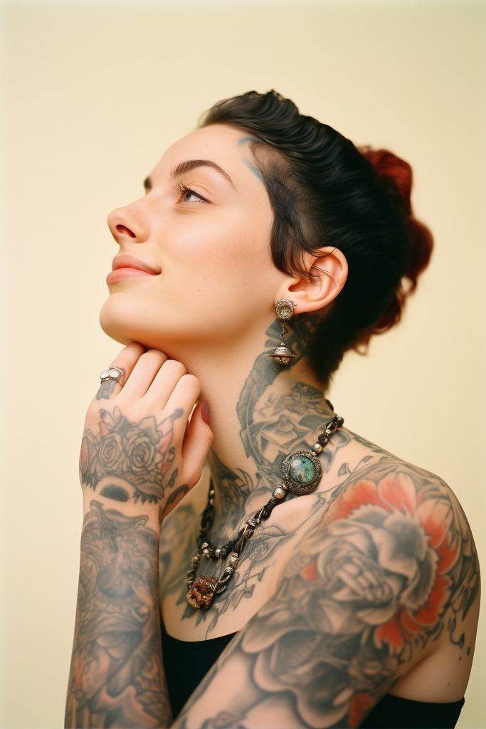 A person with short dark hair and multiple new age tattoos on their arms, neck, and chest, wearing ornate jewelry, looks to the side with a slight smile.