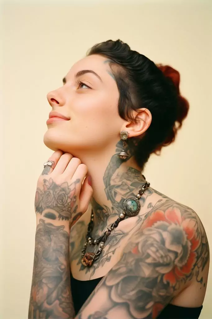 A person with short dark hair and multiple new age tattoos on their arms, neck, and chest, wearing ornate jewelry, looks to the side with a slight smile.