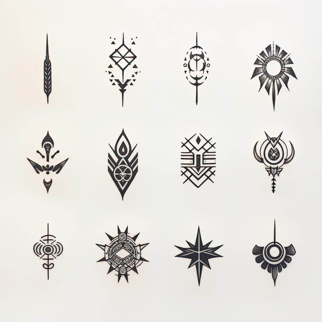 A collection of twelve minimalist tattoo designs displayed on a white background, featuring various geometric and symmetrical patterns.