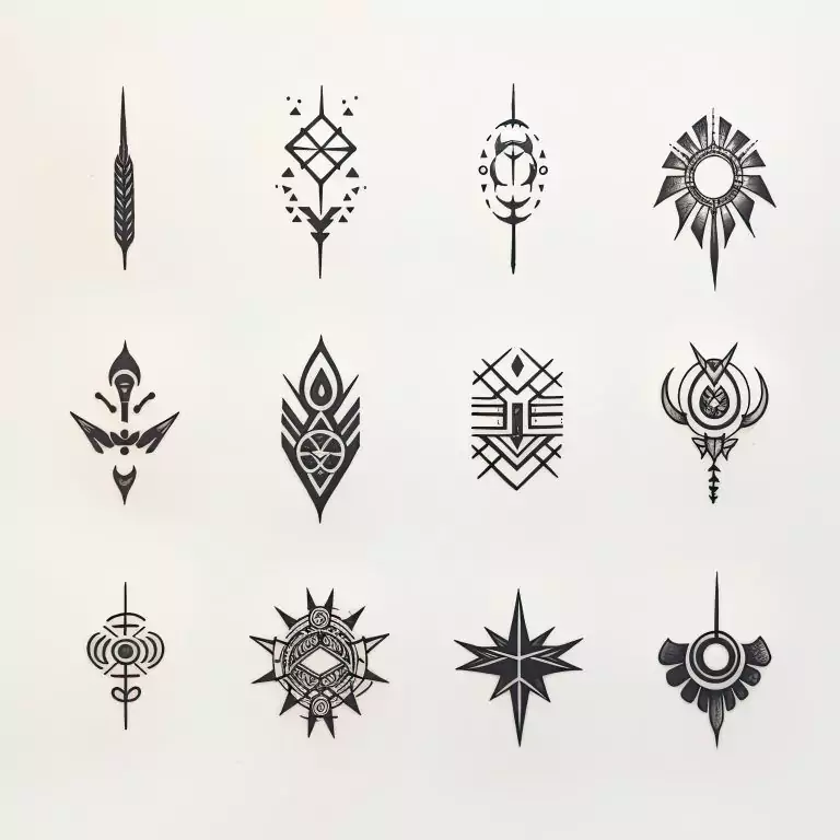 A collection of twelve minimalist tattoo designs displayed on a white background, featuring various geometric and symmetrical patterns.