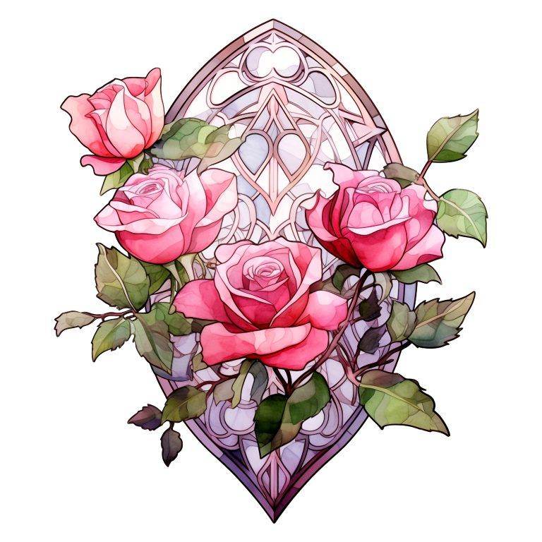 Illustration of pink roses intertwined with a delicate, geometric, stained glass design, featuring soft hues and intricate details, ideal for a watercolor tattoo.