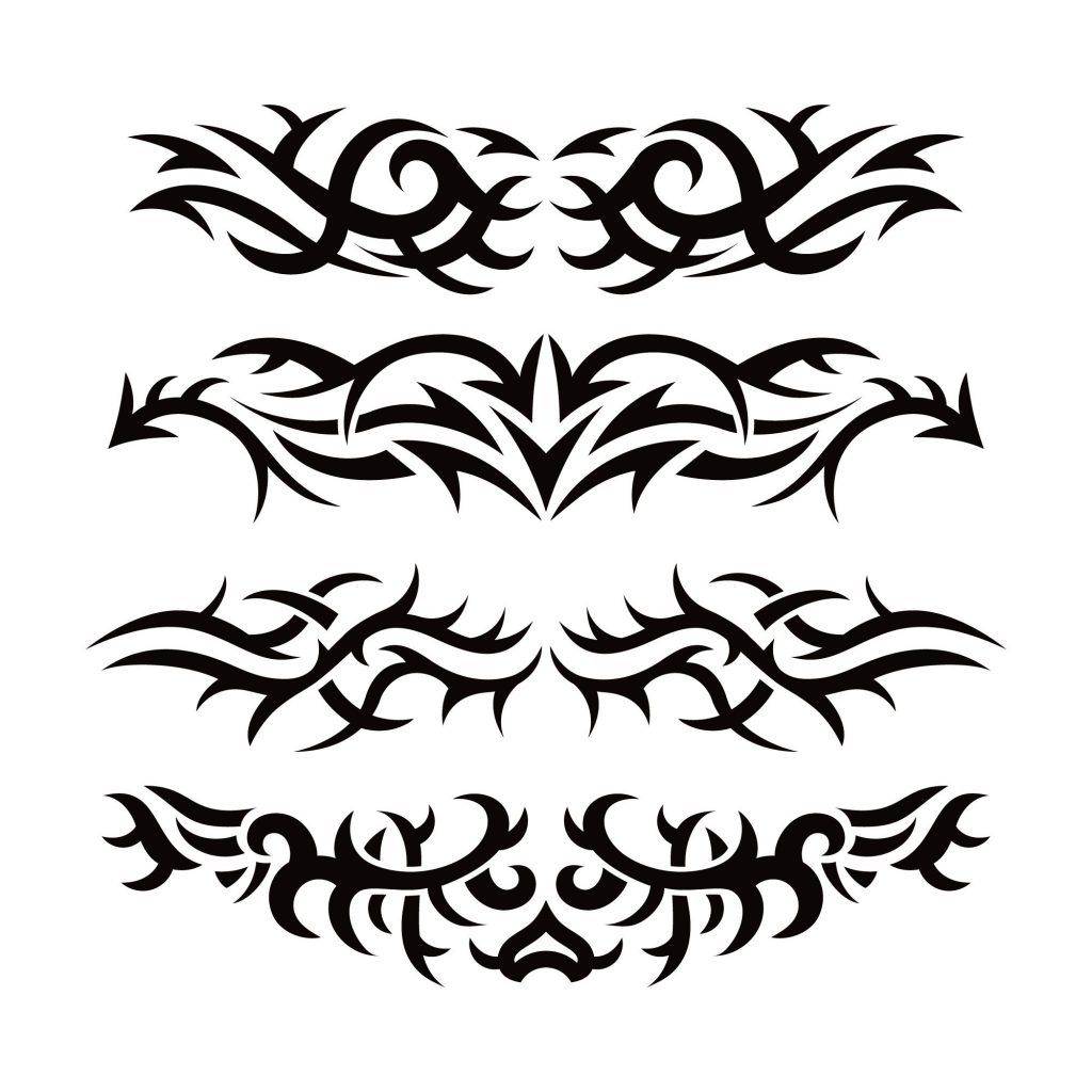 Four black tribal tattoo designs with abstract patterns, arranged horizontally on a white background, showcasing the unique artistry of Funhouse Tattoo in San Diego.