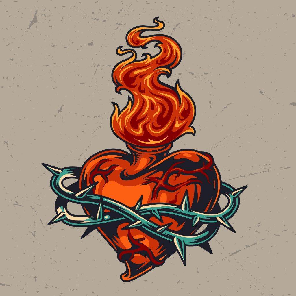 An illustration of a flaming red heart encircled by barbed wire, set against a beige background, showcasing the unique illustrative tattoos style of Funhouse Tattoo in San Diego.