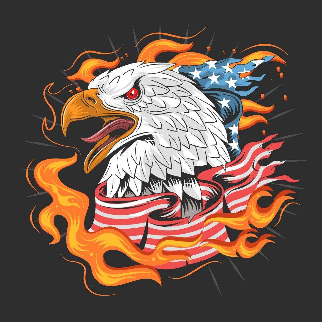 Illustration of a bald eagle with intense red eyes, surrounded by dynamic flames and American flag elements, set against a dark background—reminiscent of traditional American tattoos you might find at Funhouse Tattoo in San Diego.