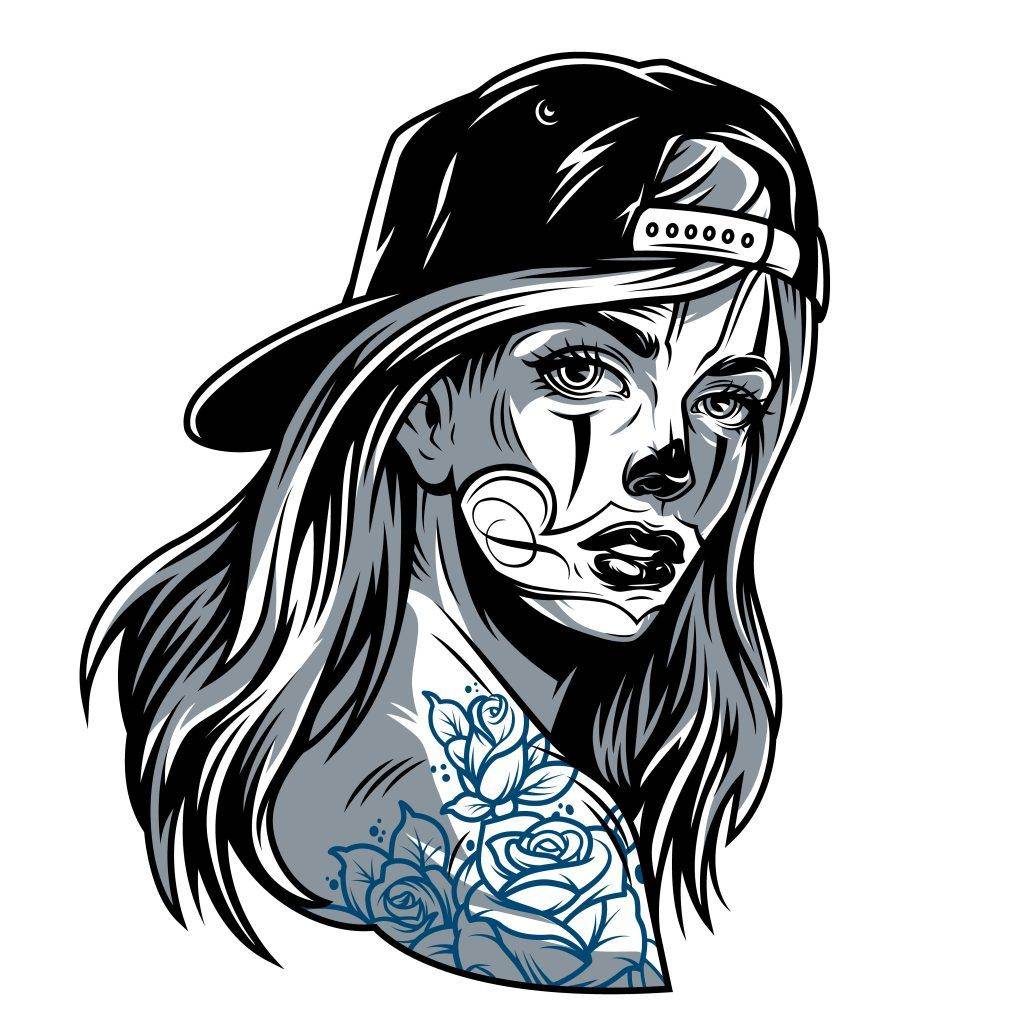 Illustration of a woman with long hair, wearing a backward cap, and showing a tattoo of roses on her shoulder. This Funhouse Tattoo-inspired portrait features monochrome artwork with striking blue accents, capturing the vibrant spirit of Pacific Beach.