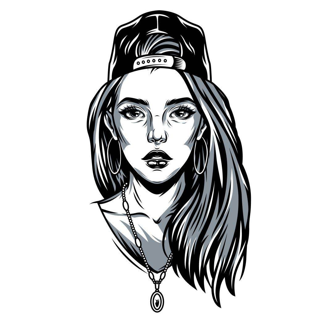 Monochrome illustration of a woman with long hair, wearing a backward cap, large hoop earrings, and a necklace. Her facial expression is serious, capturing the mastery of portrait tattoos typical of Pacific Beach’s renowned Funhouse Tattoo.