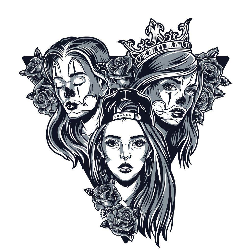 A monochrome illustration featuring three women adorned with roses, inspired by Surrealist Tattoos. Two wear face paint resembling skull makeup; one has a crown, and another wears a backward cap, embodying the unique artistry of Funhouse Tattoo in Pacific Beach.