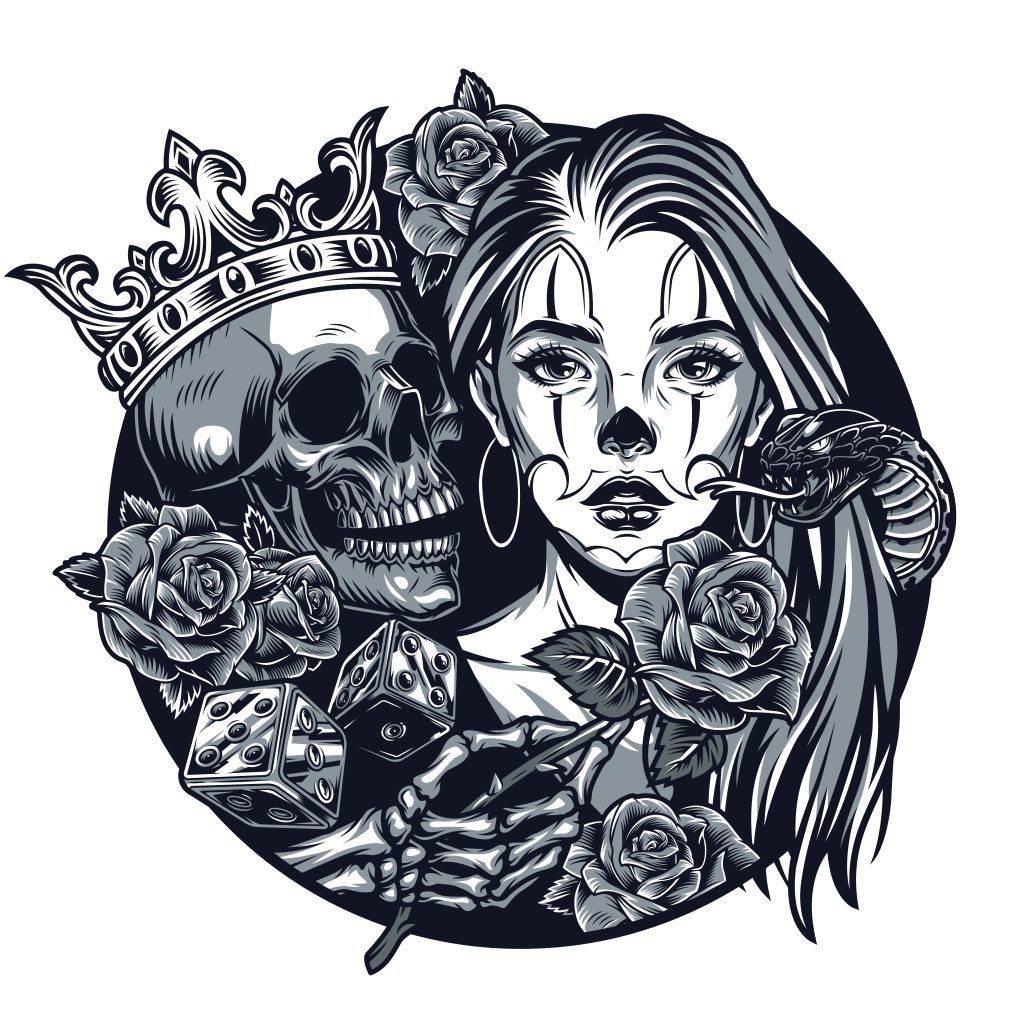 Monochrome illustration of a crowned skeleton, a woman with clown makeup, roses, dice, and a snake—classic Chicano style tattoos capturing the essence of San Diego's vibrant ink scene.