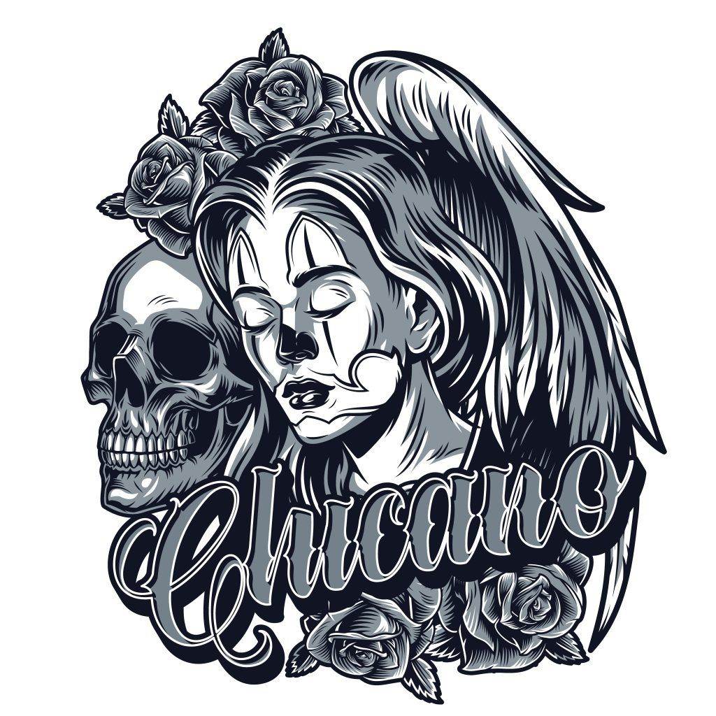 Monochromatic artwork showcasing a woman with clown makeup and angel wings, a skull, roses, and the word "Chicano" written in stylized script—a striking piece reflecting San Diego's Ink Scene and Funhouse Tattoo's dedication to Chicano Style Tattoos.