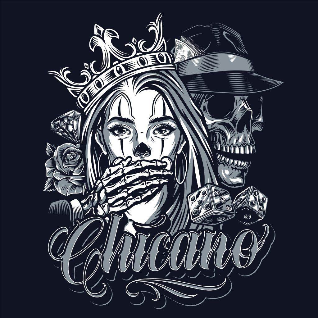 An artistic illustration featuring a woman with a skeletal hand across her mouth, a crown on her head, and a skull with a hat. The word "Chicano" is prominently displayed at the bottom, reflecting the vibrant San Diego Ink Scene and celebrating Chicano Style Tattoos.