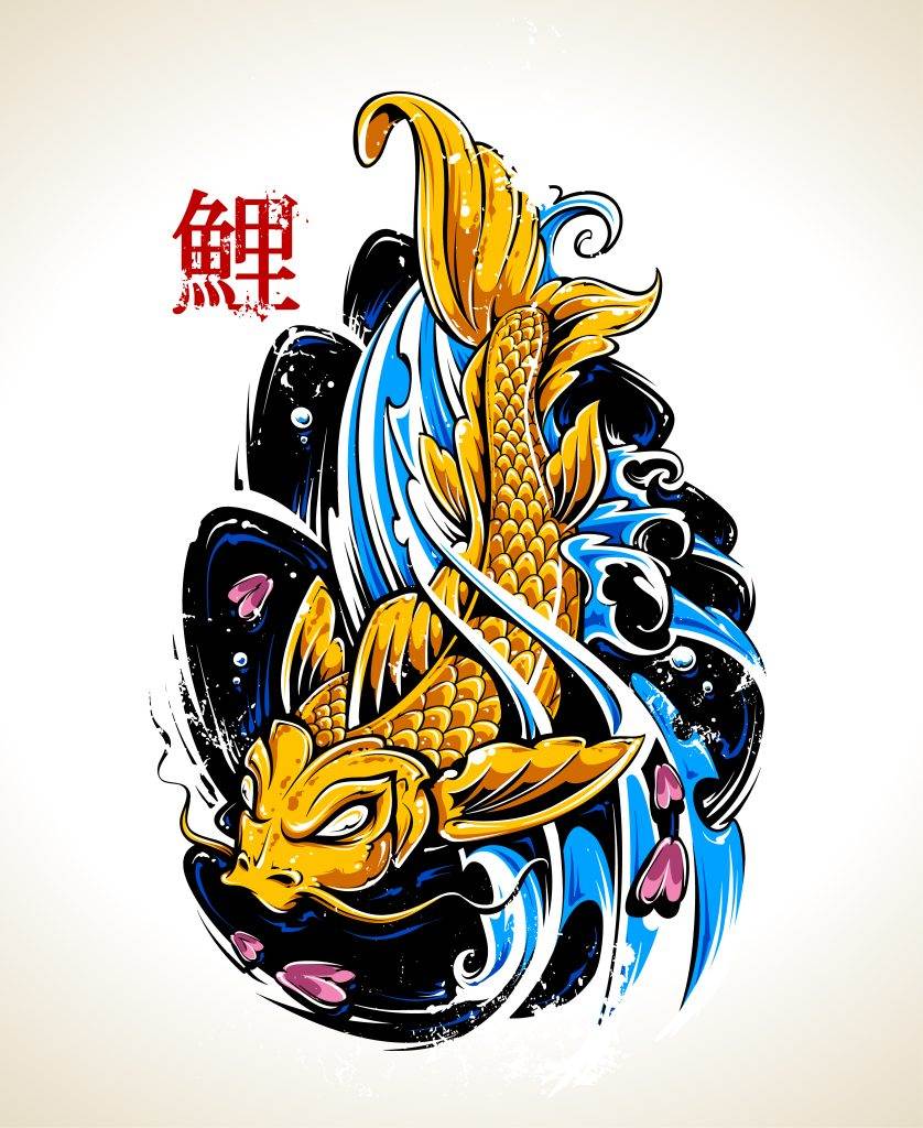 Illustration of a golden koi fish with detailed scales and vibrant blue water splashes, reminiscent of Japanese Irezumi, accompanied by red Japanese characters on the top left. This piece would be perfect for a mural at Pacific Beach or as inspiration for a Funhouse Tattoo design.