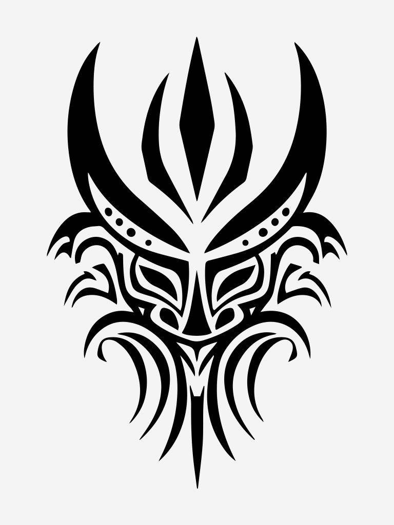 A black tribal tattoo design featuring symmetrical, abstract shapes resembling a stylized mask or face, set against a white background at Funhouse Tattoo in San Diego.