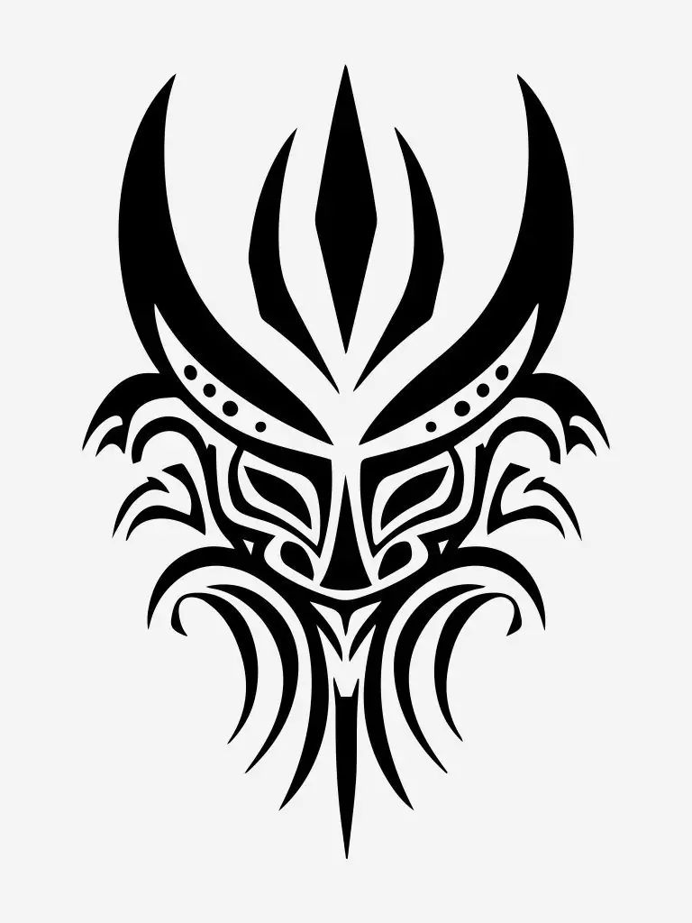 A black tribal tattoo design featuring symmetrical, abstract shapes resembling a stylized mask or face, set against a white background at Funhouse Tattoo in San Diego.