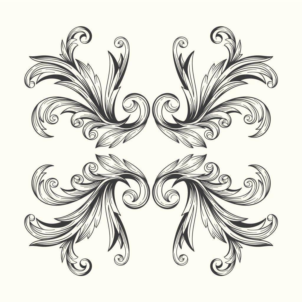 Intricate symmetrical floral scrollwork design in black and white, reminiscent of Art Nouveau Tattoos, featuring swirling leaves and ornate patterns on a light background. Perfect for a Funhouse Tattoo inspiration in vibrant Pacific Beach.