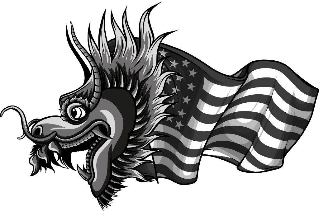 Monochrome illustration of a dragon head with horns and sharp teeth, transitioning into an American flag—perfect for a Funhouse Tattoo in San Diego, blending elements of Traditional American Tattoos.