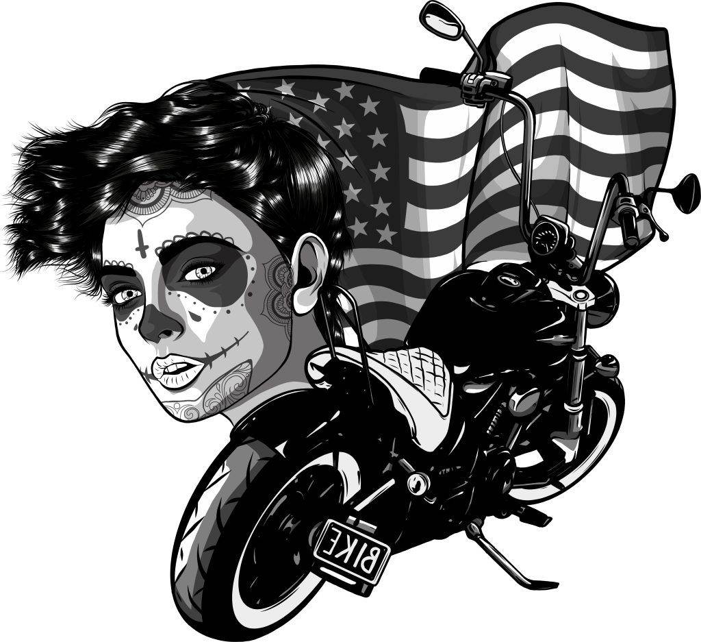 Black and white illustration of a woman with Day of the Dead makeup, a motorcycle, and an American flag in the background, reminiscent of Traditional American Tattoos one might find in a shop like Funhouse Tattoo in San Diego.