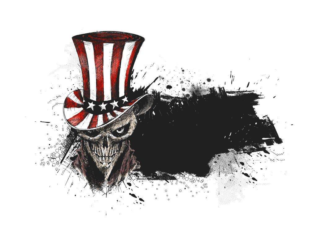 Illustration of a grimacing skull wearing an Uncle Sam hat with a red, white, and blue design, set against a grungy black paint splatter background—reminiscent of traditional American tattoos from Funhouse Tattoo in San Diego.