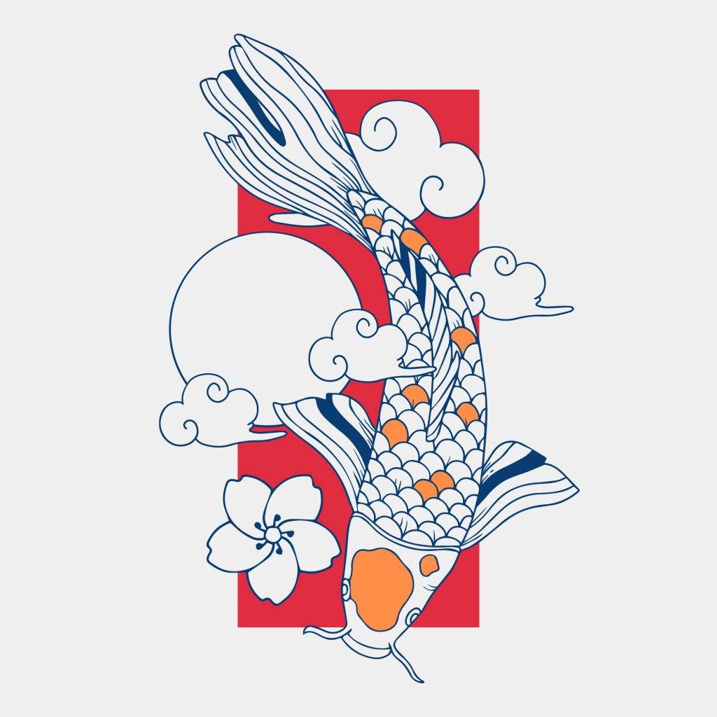 Illustration of a koi fish with orange spots, surrounded by clouds and a flower, set against a red rectangular background, inspired by Japanese Irezumi.