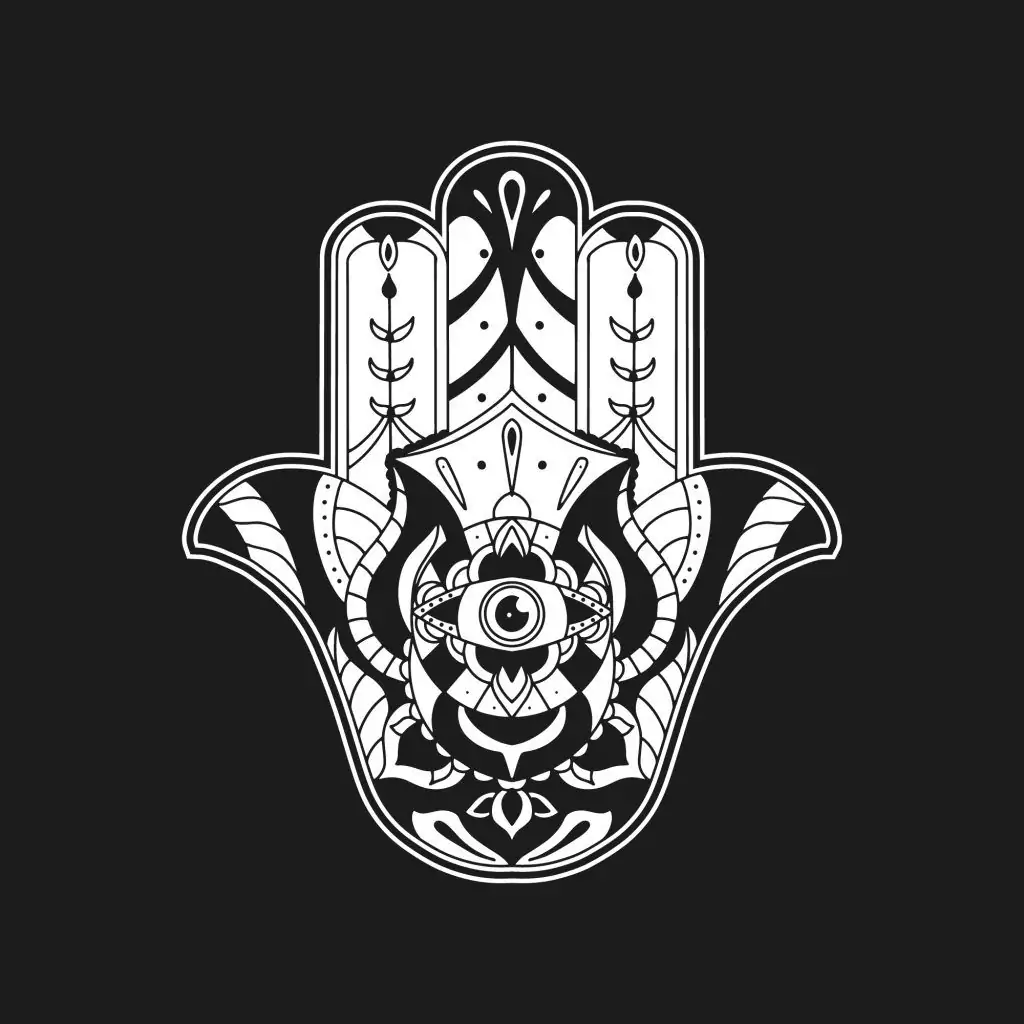 Black and white illustration of a stylized Hamsa hand with intricate patterns, featuring a central eye motif. Inspired by Neo-Traditional Tattoo art, this piece could be the next standout at Funhouse Tattoo in San Diego.