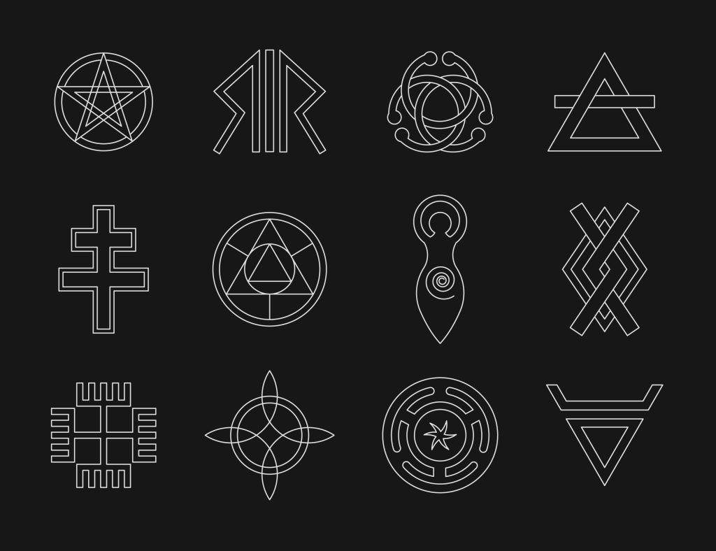 A grid of twelve unique, line-drawn symbols featuring minimalist tattoo designs on a black background, each with distinct geometric shapes and patterns.