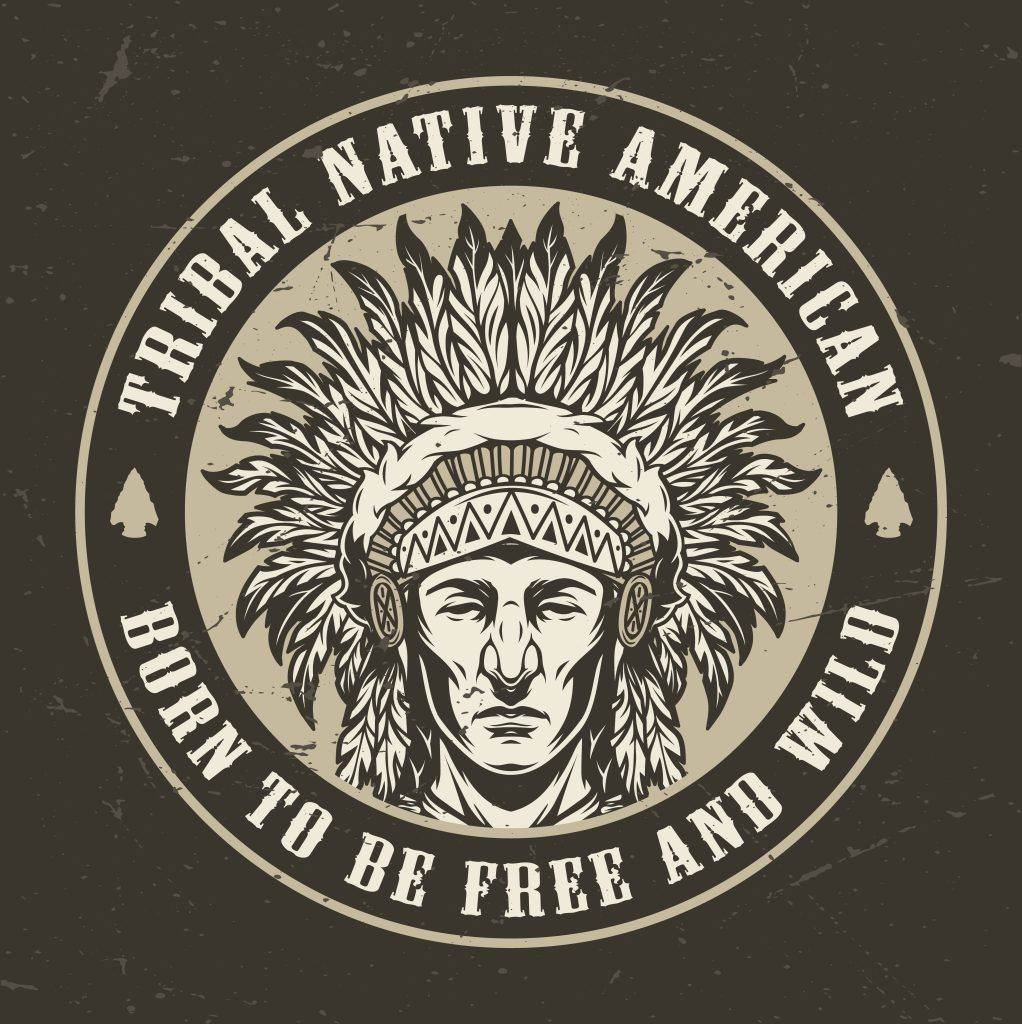 Vintage-style circular logo featuring a Native American man wearing a feathered headdress, with the text "Tribal Native American" at the top and "Born to Be Free and Wild" at the bottom. Perfect for anyone inspired by Traditional American Tattoos or visiting Funhouse Tattoo in San Diego.