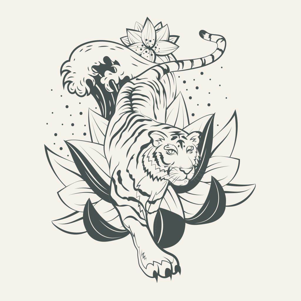 Illustration of a tiger walking forward surrounded by stylized lotus flowers and leaves, with intricate detailing and a minimalistic color palette, perfect for those seeking exquisite illustrative tattoos at Funhouse Tattoo in San Diego.