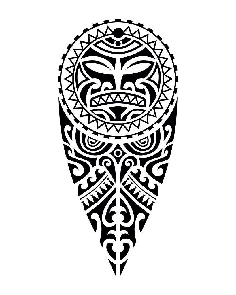 Black and white tribal tattoo design with intricate patterns, featuring a stylized face at the top, perfect for those seeking artistry in San Diego at Funhouse Tattoo.