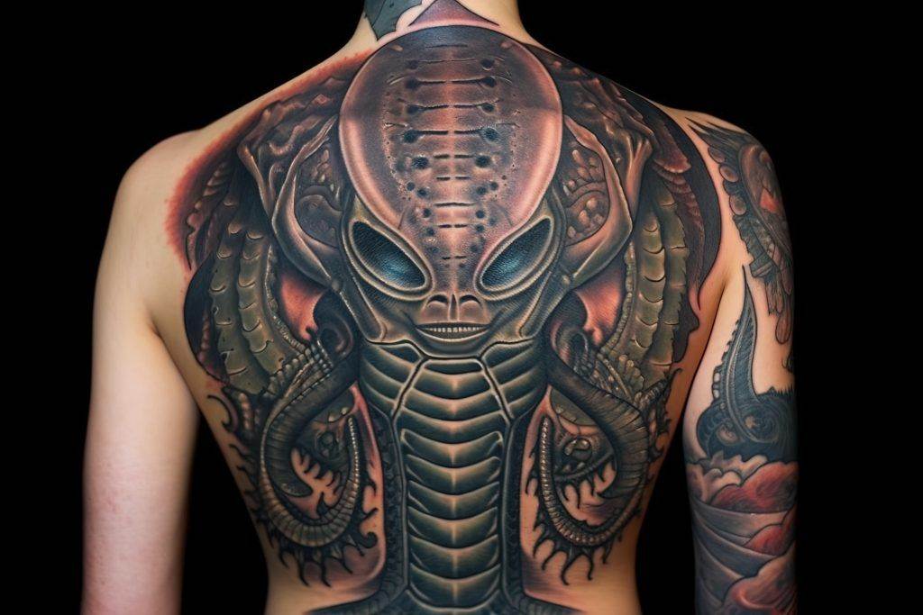 At Funhouse Tattoo in San Diego, a person sports an elaborate biomechanical tattoo covering their entire back, depicting an alien-like creature with large eyes and tentacles, detailed in dark and muted tones.