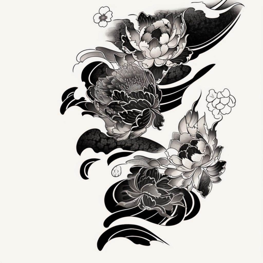 A black and white illustration featuring three detailed peonies and abstract swirling patterns, reminiscent of traditional Japanese Irezumi, perfect for a unique Funhouse Tattoo.