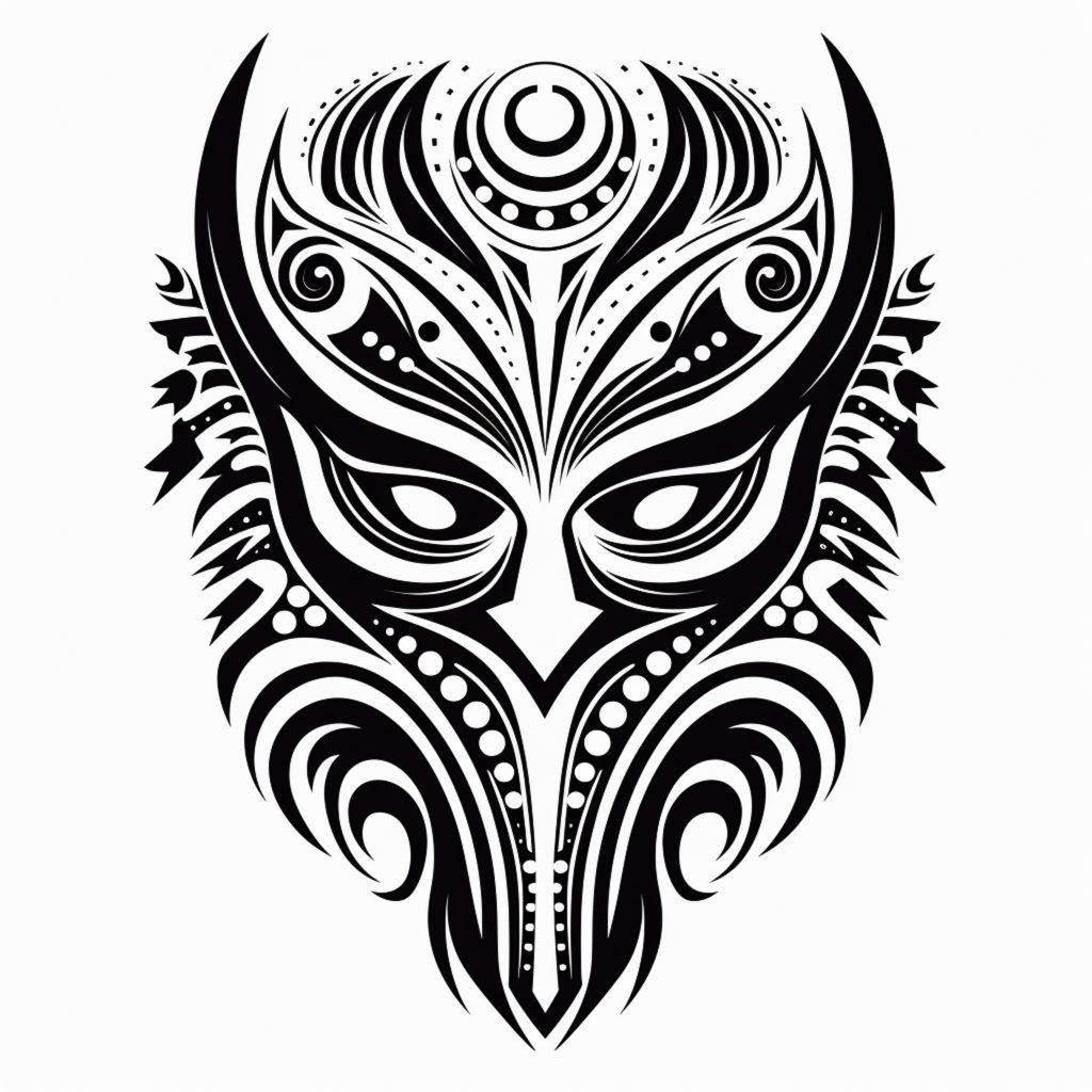 Black and white tribal-inspired mask design with intricate patterns and sharp, symmetrical shapes—perfect for a unique Funhouse Tattoo experience in San Diego.