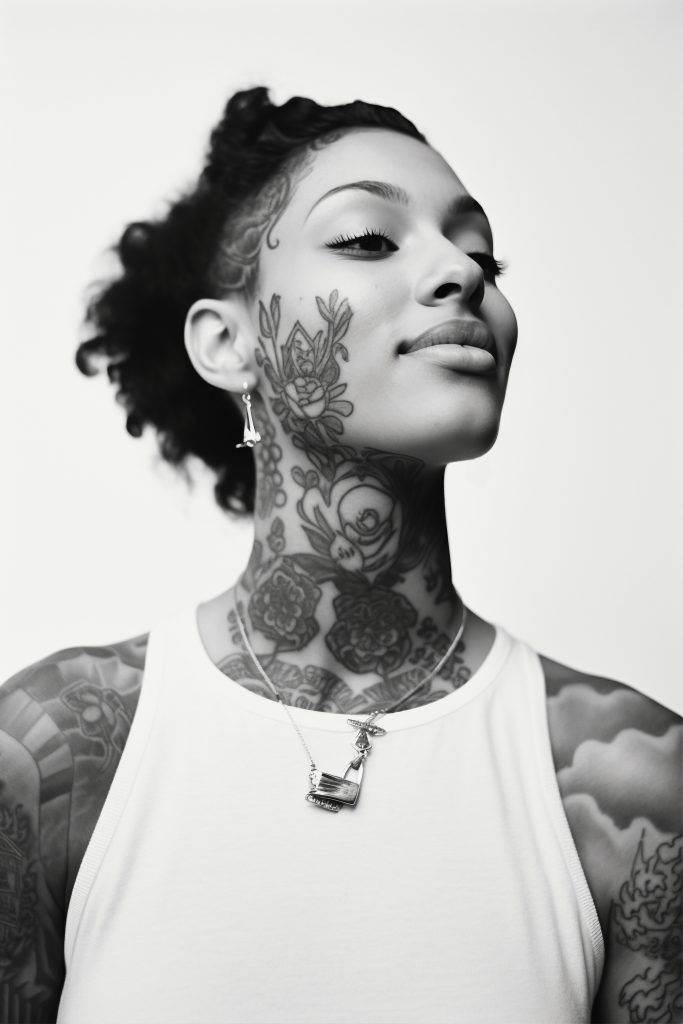 A black and white portrait of a confident individual with curly hair and elaborate floral tattoos from Funhouse Tattoo adorning their neck and chest, wearing a sleeveless top and a necklace.