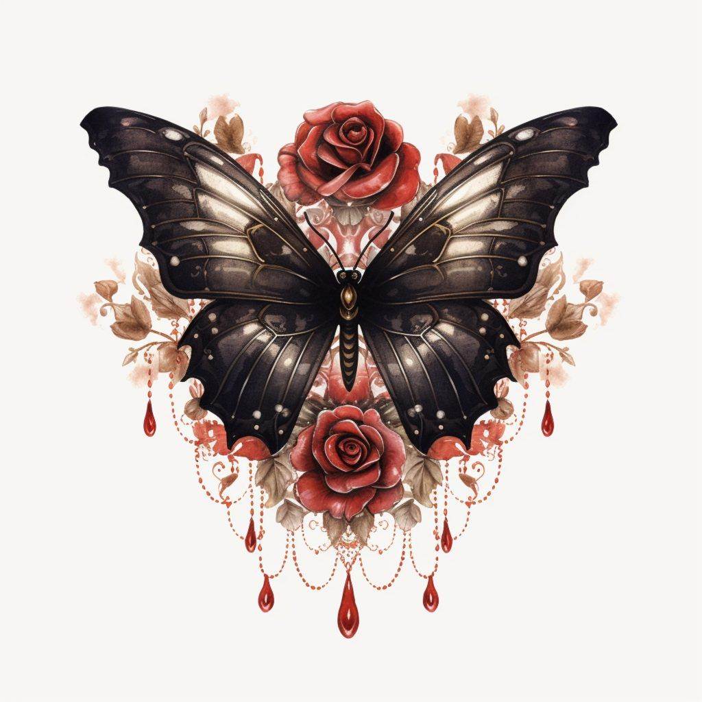 Illustration of a dark butterfly with metallic wings, surrounded by red roses and intricate floral elements, accented with hanging droplets—a true masterpiece of watercolor tattoo artistry from Funhouse Tattoo in San Diego.