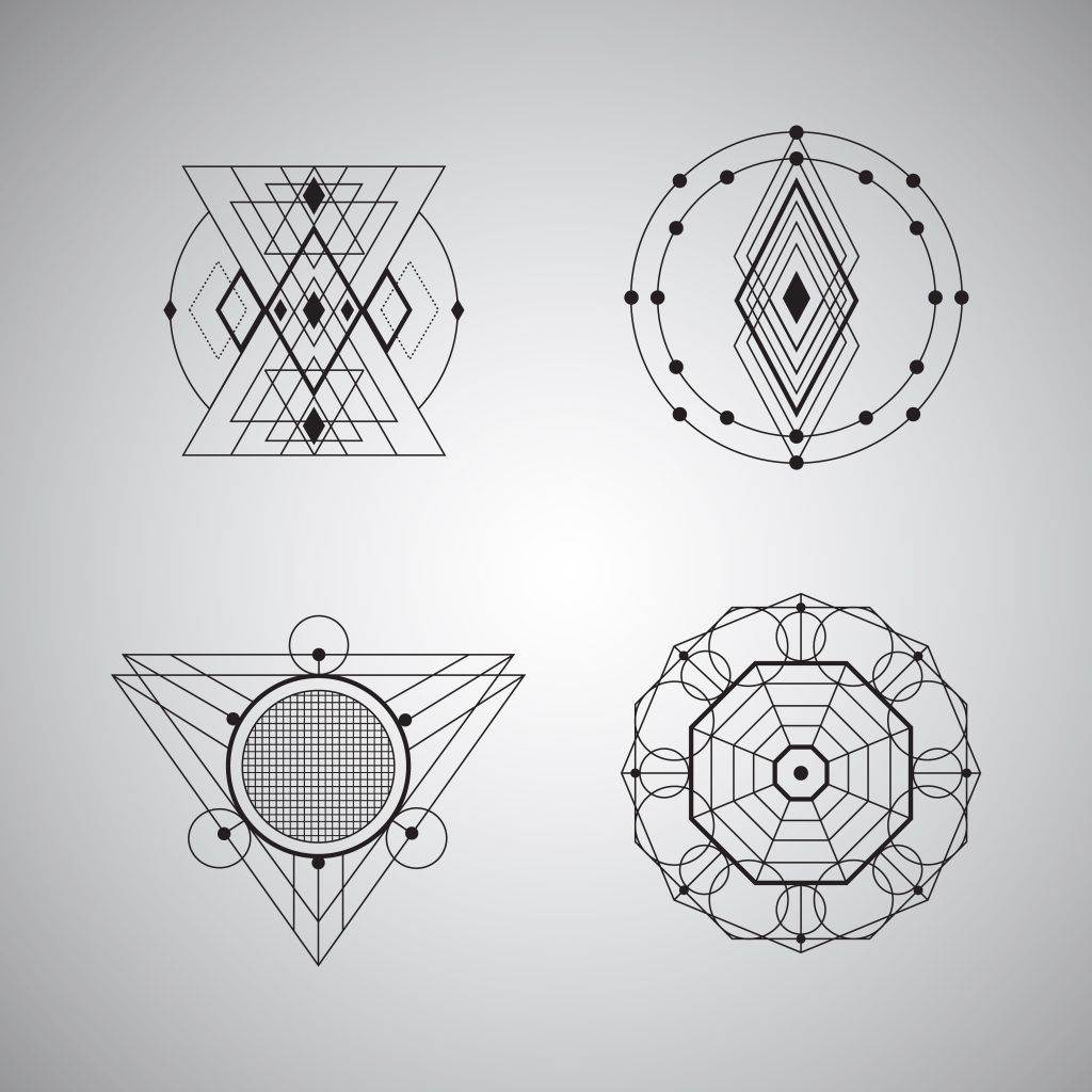 Four geometric designs, each with intricate patterns: a diamond within a diamond, a circle with connected dots, a triangle with a grid, and a circular mandala with interconnected lines. These stunning geometric tattoos are perfect for anyone in San Diego looking to visit Funhouse Tattoo.