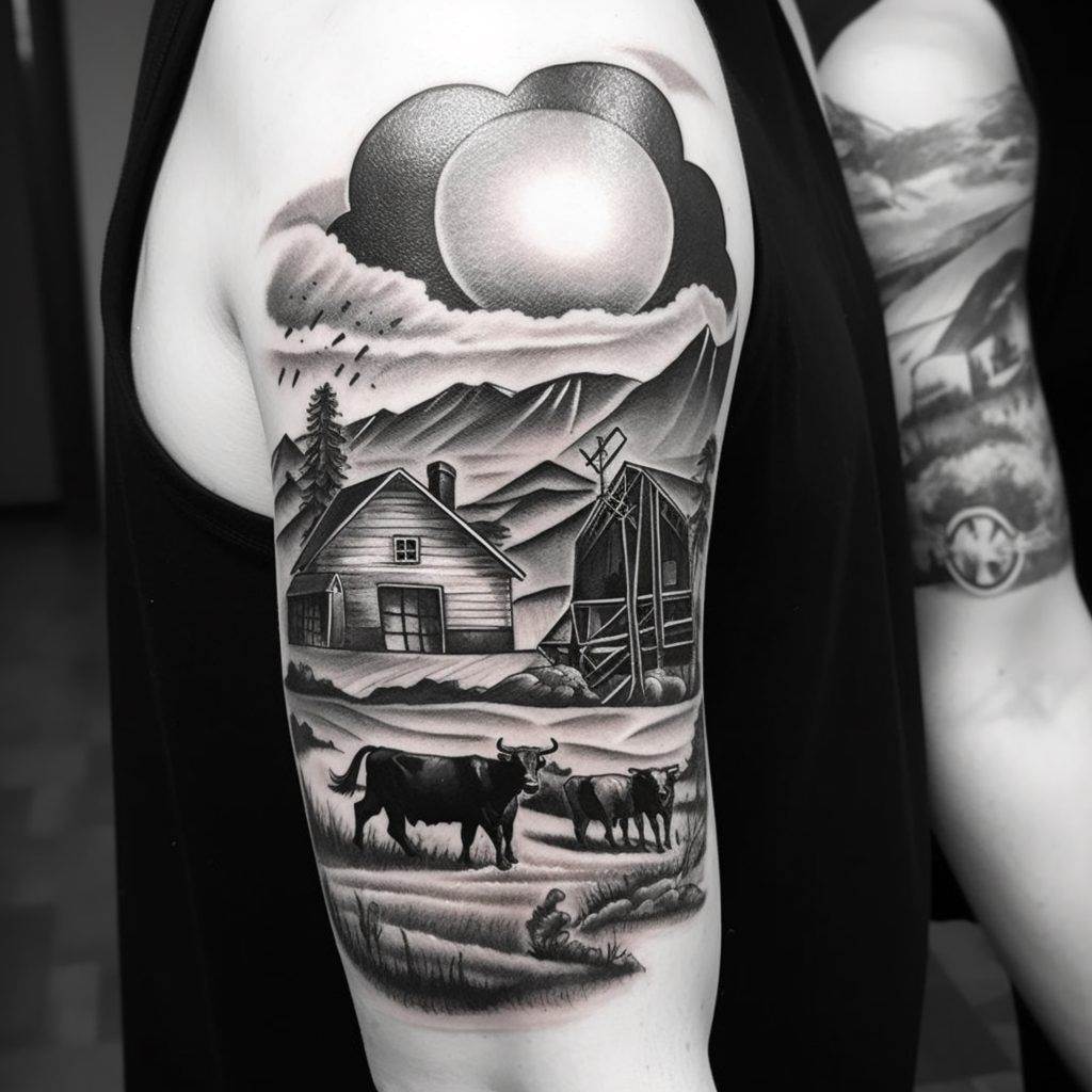 A grayscale tattoo on an upper arm by Funhouse Tattoo depicts a surrealist rural scene with mountains, a sun, cows, a barn, and trees.