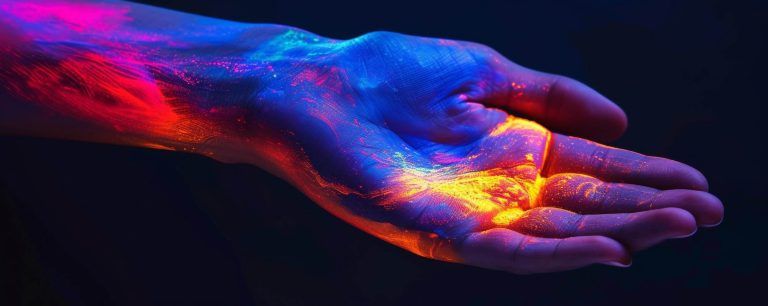 A hand painted with vibrant neon colors, including blue, orange, and pink, glows brilliantly under a black light against a dark background, showcasing striking body art akin to UV tattoos.