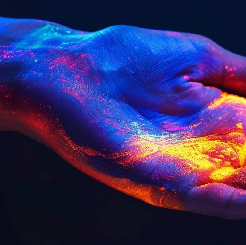 A hand painted with vibrant neon colors, including blue, orange, and pink, glows brilliantly under a black light against a dark background, showcasing striking body art akin to UV tattoos.