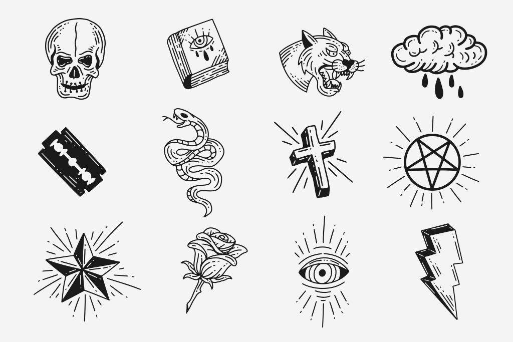 Black and white line drawing of 12 different minimalist tattoo designs, including a skull, book, cat, cloud, razor blade, snake, cross, pentagram, star, rose, eye, and lightning bolt. Perfect for inspiration at Funhouse Tattoo in Pacific Beach.