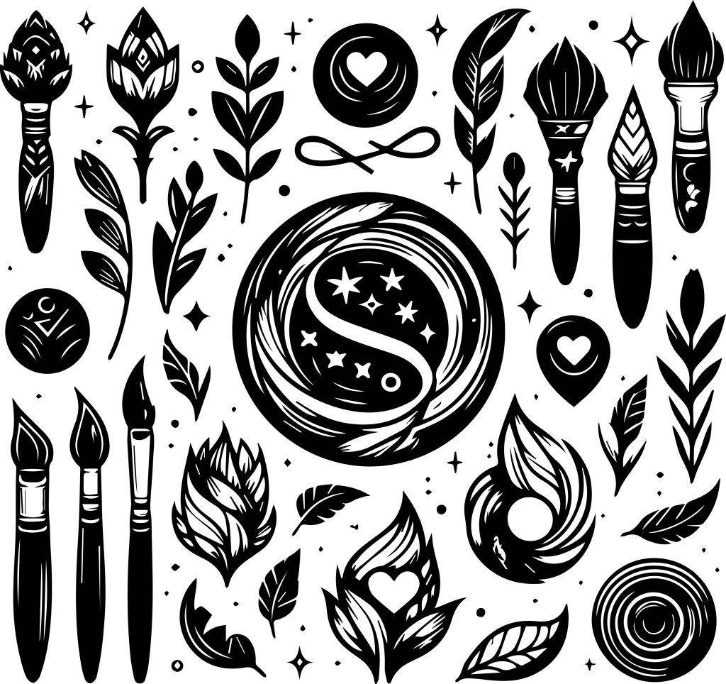 Black and white illustration featuring various artistic brushes, leaves, and symbols including a yin-yang, hearts, and infinity sign, arranged in a decorative pattern reminiscent of the Stick and Poke Tattoos style seen at Funhouse Tattoo in San Diego.