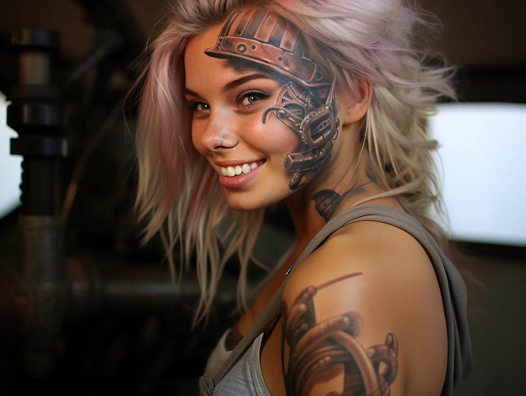 A person with New Age Tattoos depicting mechanical elements on the side of their face and left shoulder, smiling in a room with industrial machinery in the background. The work, done at Funhouse Tattoo in San Diego, showcases intricate detail against the gritty backdrop.